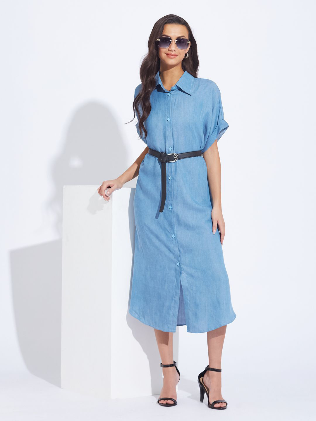 DEPANO Women Roll-Up Sleeves Belted Shirt Style Dress With Belt