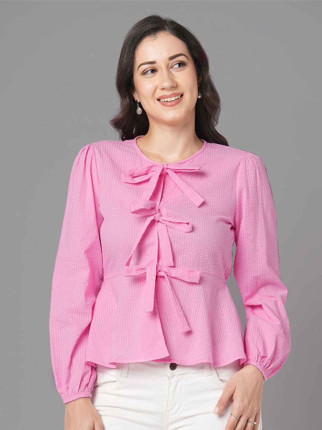 ZESTX Tie-Up Neck Puff Sleeve Cotton Top