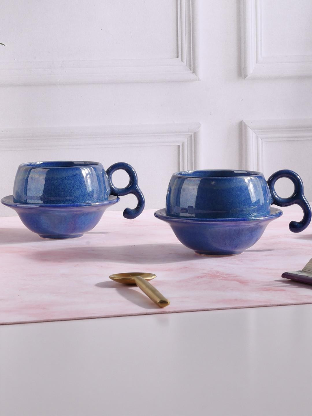 Olive Home Accents Blue 2 Pieces Stoneware Glossy Cups Set