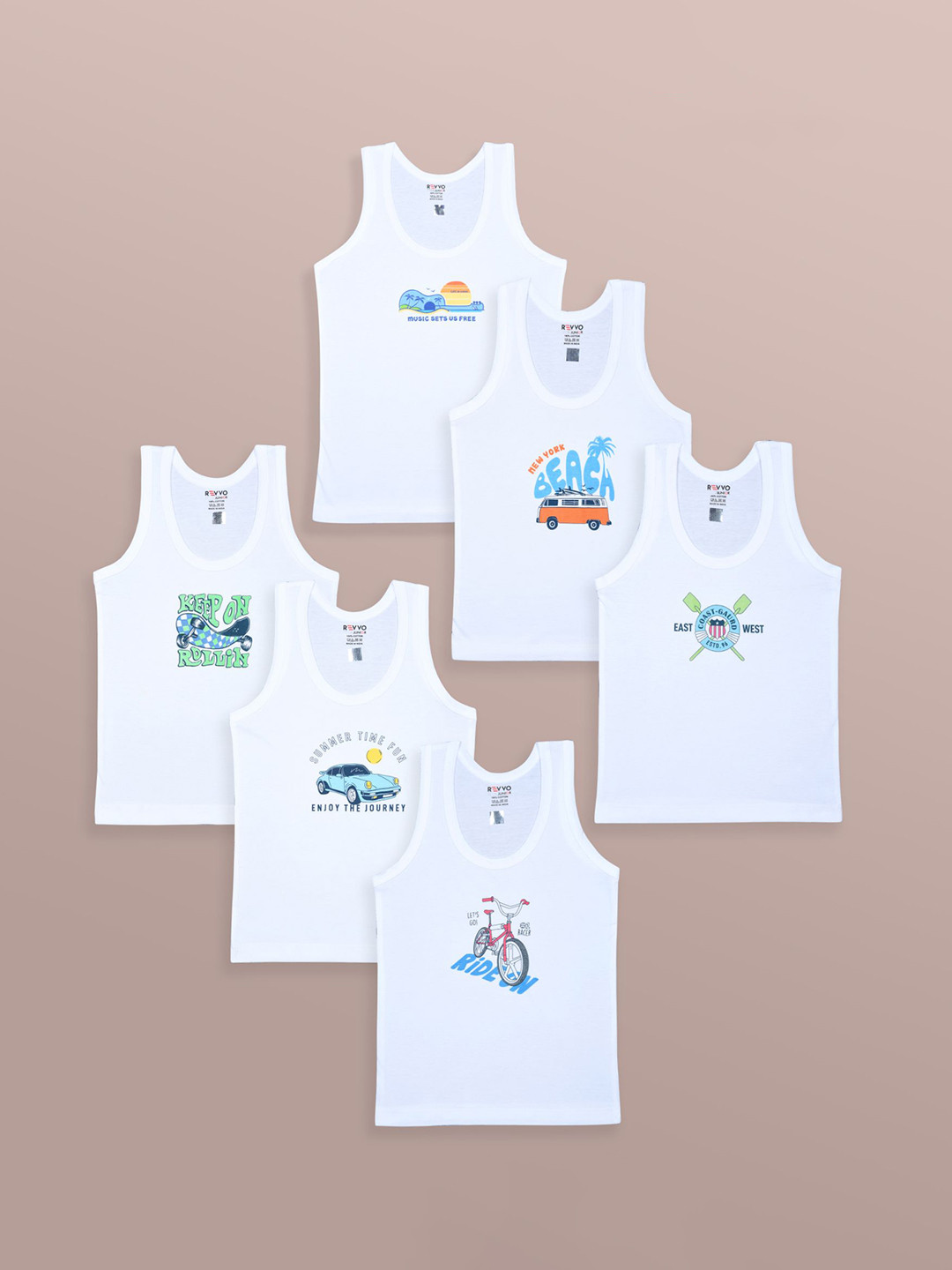 Revvo Junior Boys Pack Of 6 Printed Cotton Basic Vests RJV-101