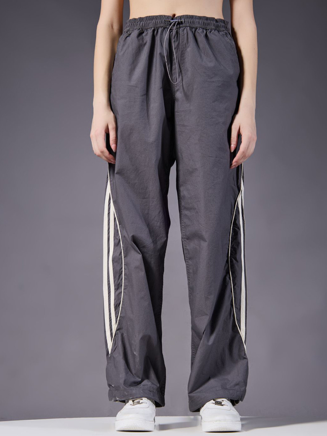 PRONK Women Relaxed Fit High-Rise Side Stripes Parachute Trousers