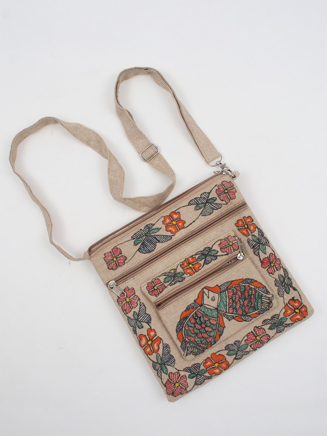 Exotic India Floral Printed Madhubani Art Structured Jute Sling Bag