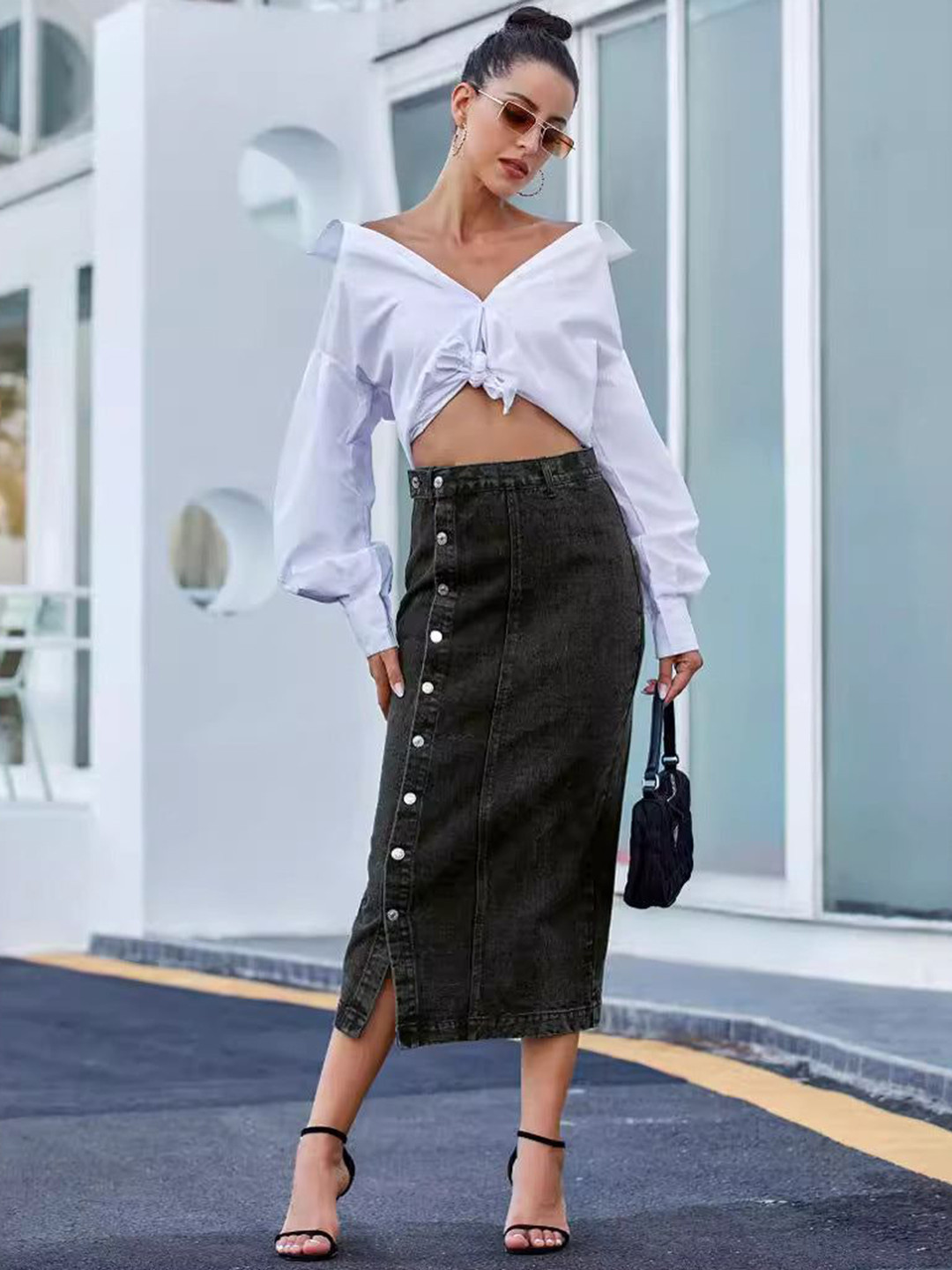 Outzidr Side Button Down Midi Straight Denim Skirt