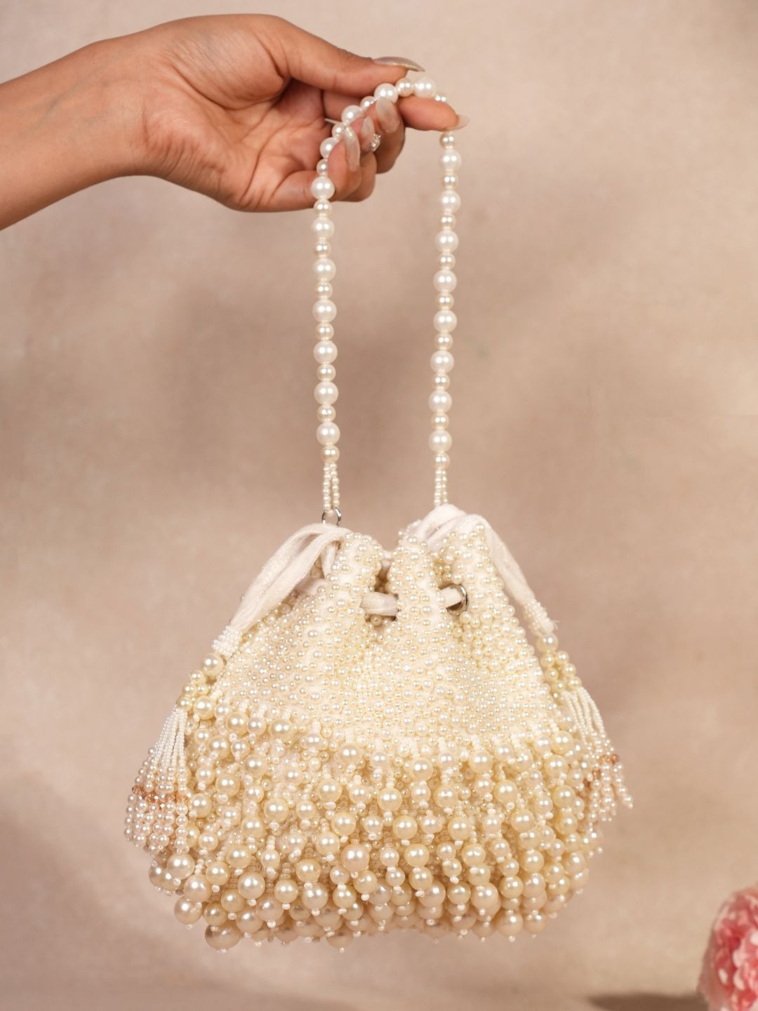 House of Kosha Zeba Ivory Embellished Suede Structured Shoulder Bag