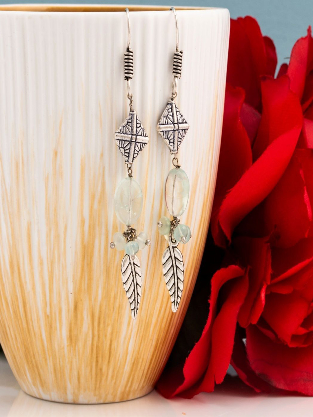 Shrim jewels Brass-Plated Fluorite Beaded Leaf Shaped Oxidised Drop Earrings