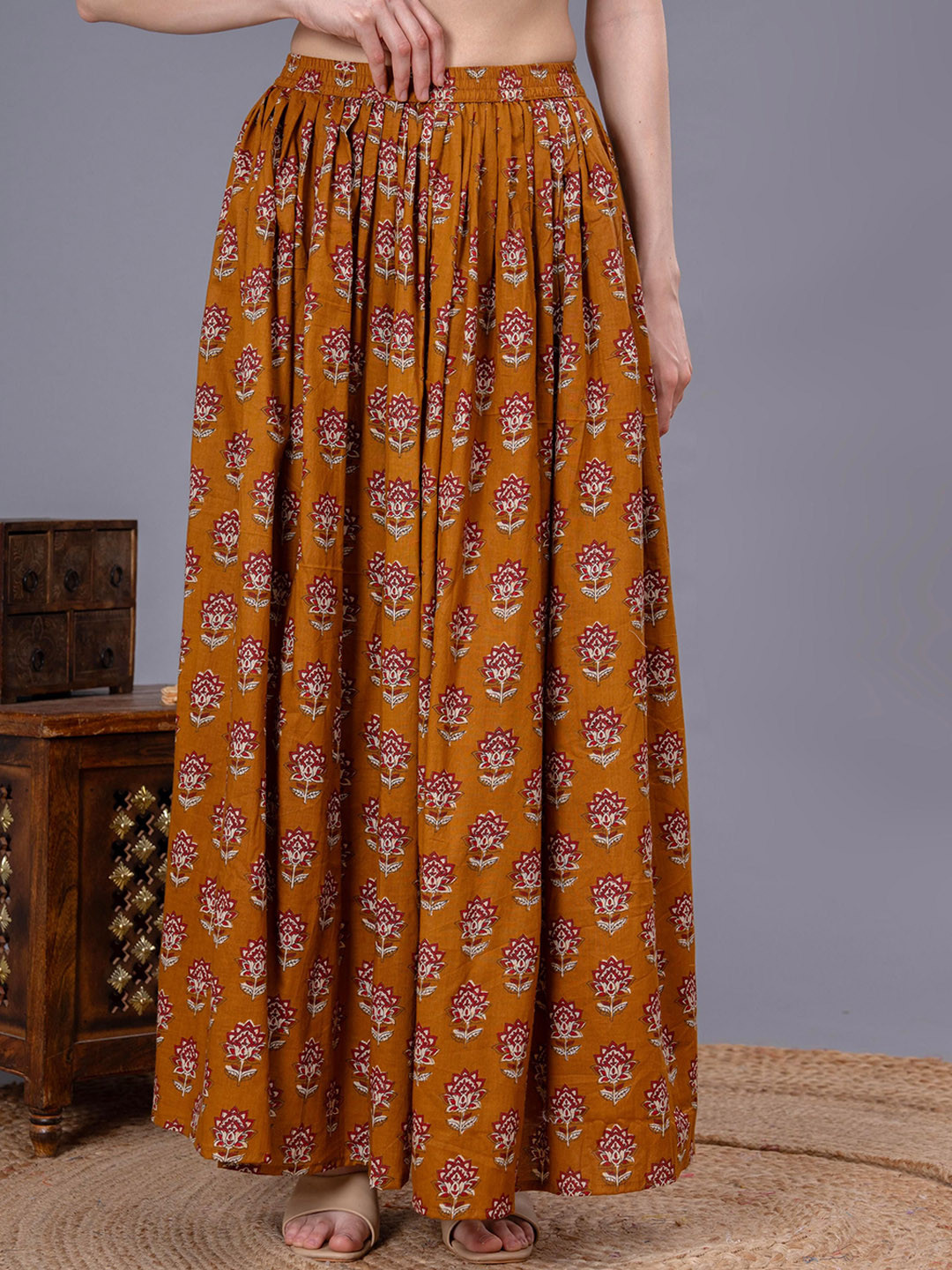 SUNEKH Self-Design Cotton Flared Maxi Skirt