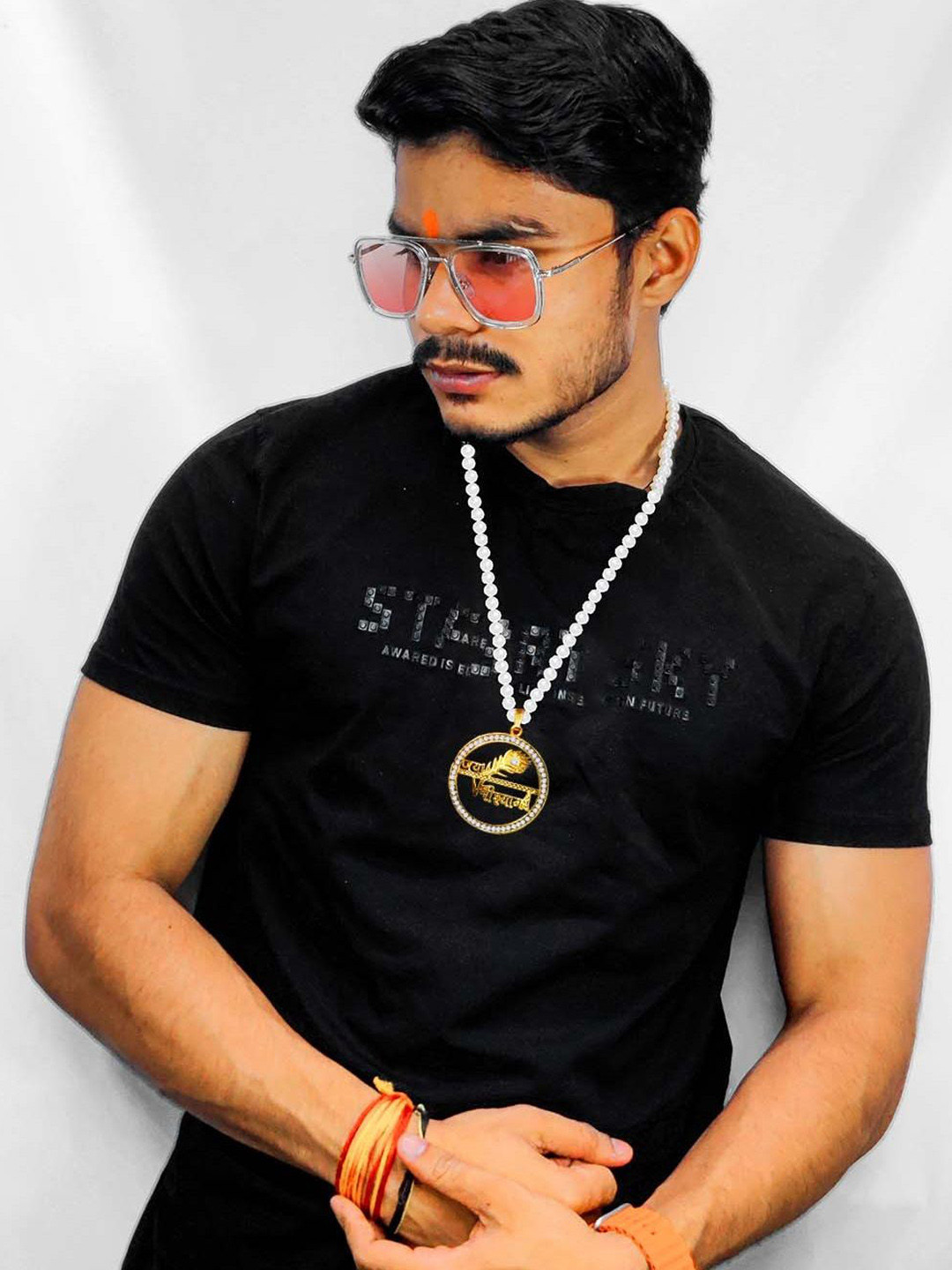 Utkarsh Khatu Shyam Stainless Steel Stones Studded & Beaded Circular Shaped Pendant