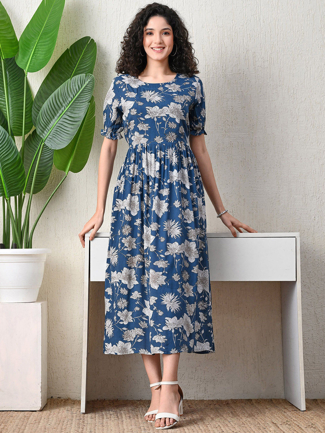 Ichaa Floral Print Puff Sleeve Maternity Fit & Flare Midi Dress With Belt
