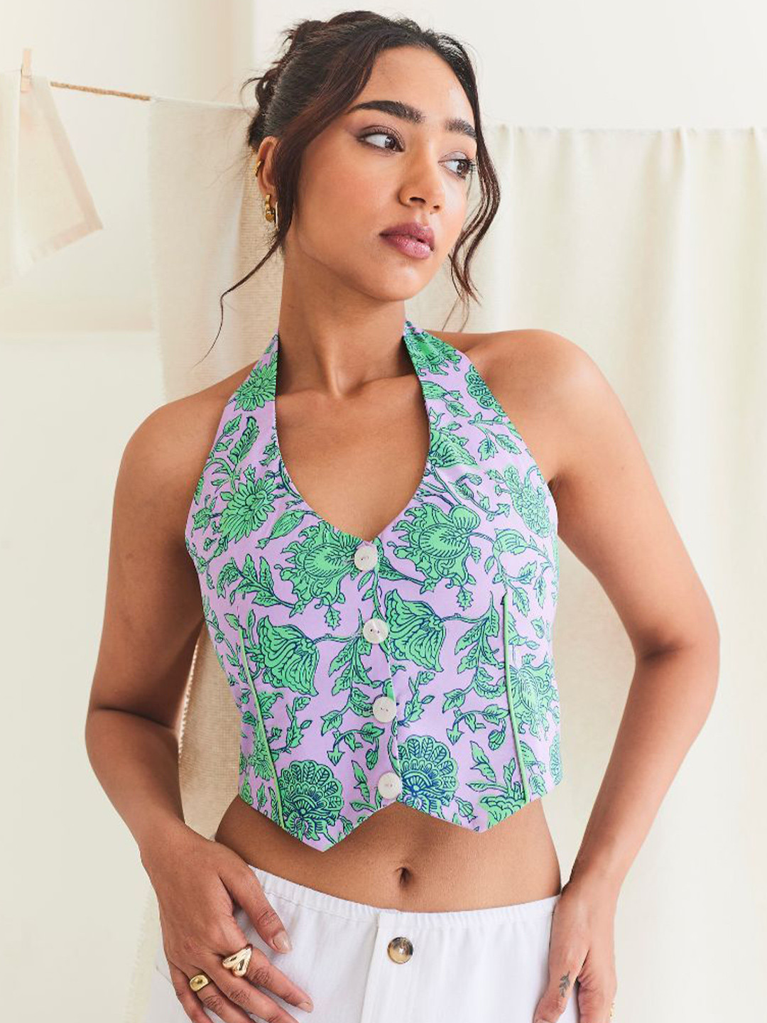 Urban Suburban Floral Printed Smocking Halter Neck Backless Cotton Crop Top