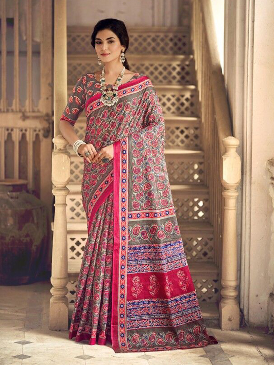 LAKHANI COTTONS Ajrak Block Pure Cotton Saree