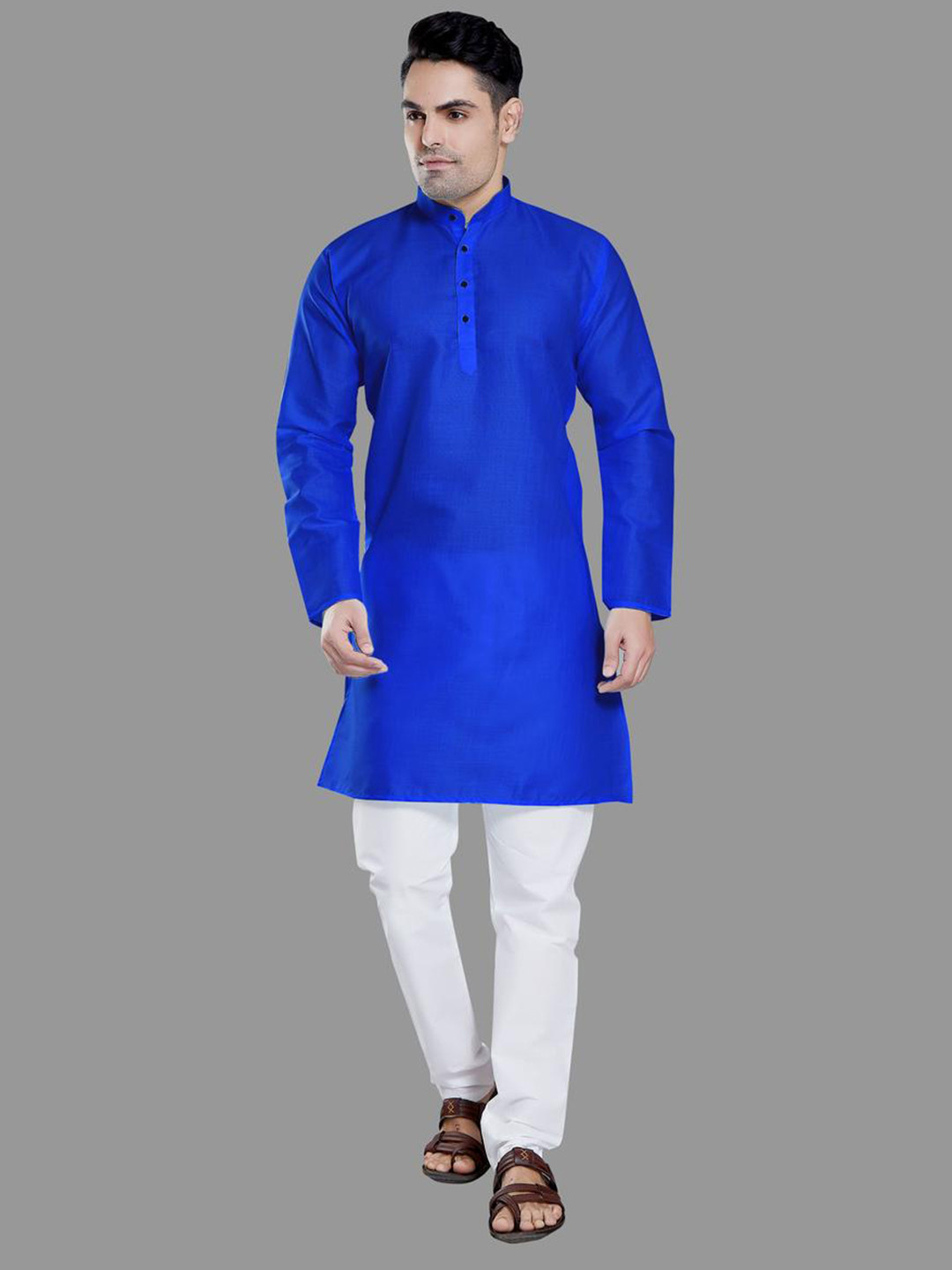 PulseIQ Blue Cotton Blend Solid Kurta Sets