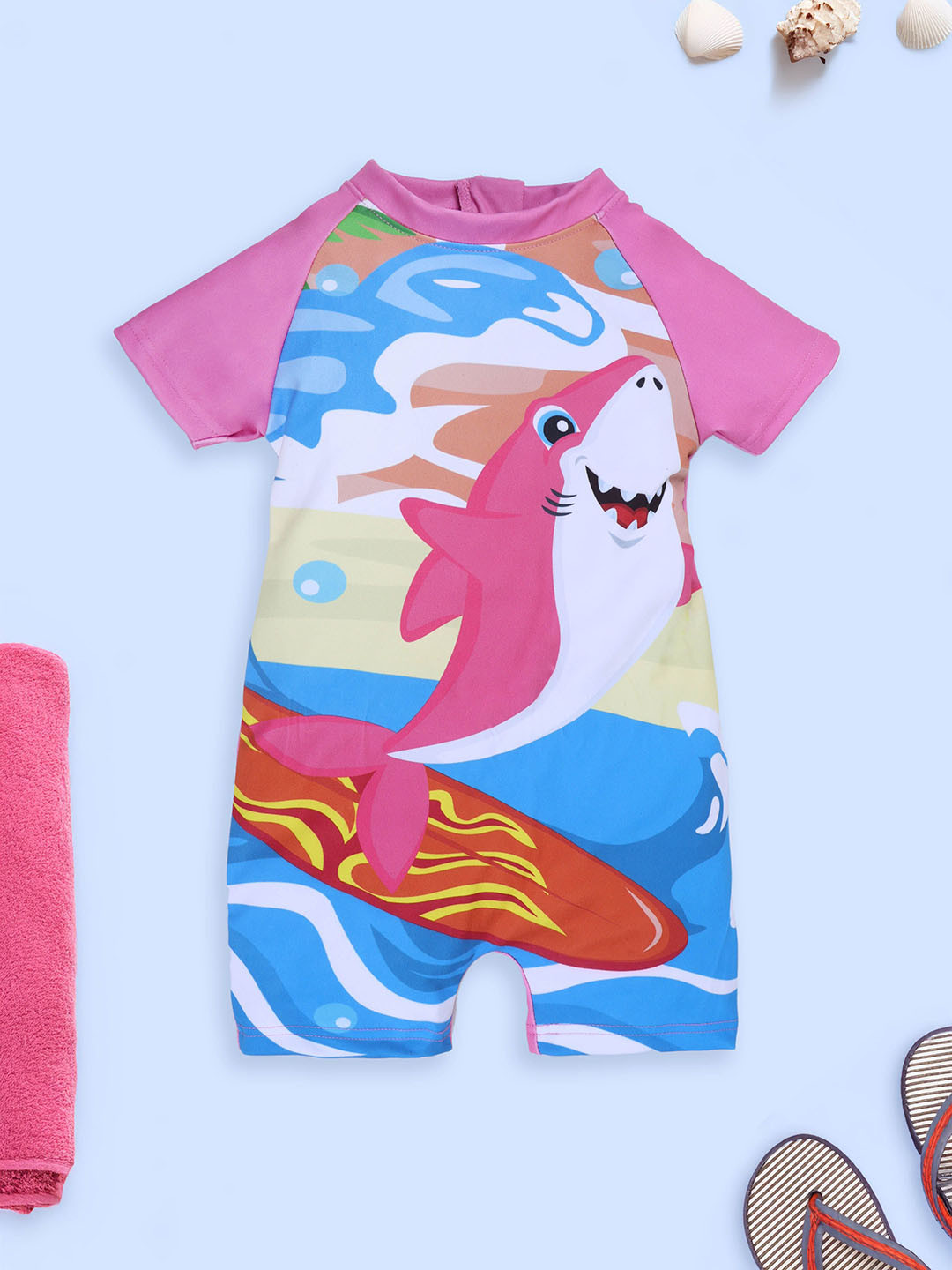 KiddoPanti Girls Shark Surfing Printed Swim Legsuit