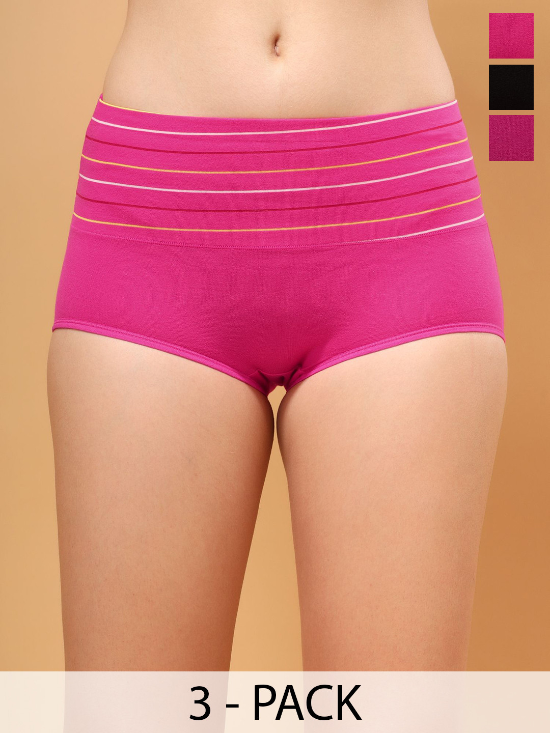 BRACHY Pack Of 3 Striped High-rise Hipster Briefs COM3_76BRIEFB6-M-Magenta,Black,Purple