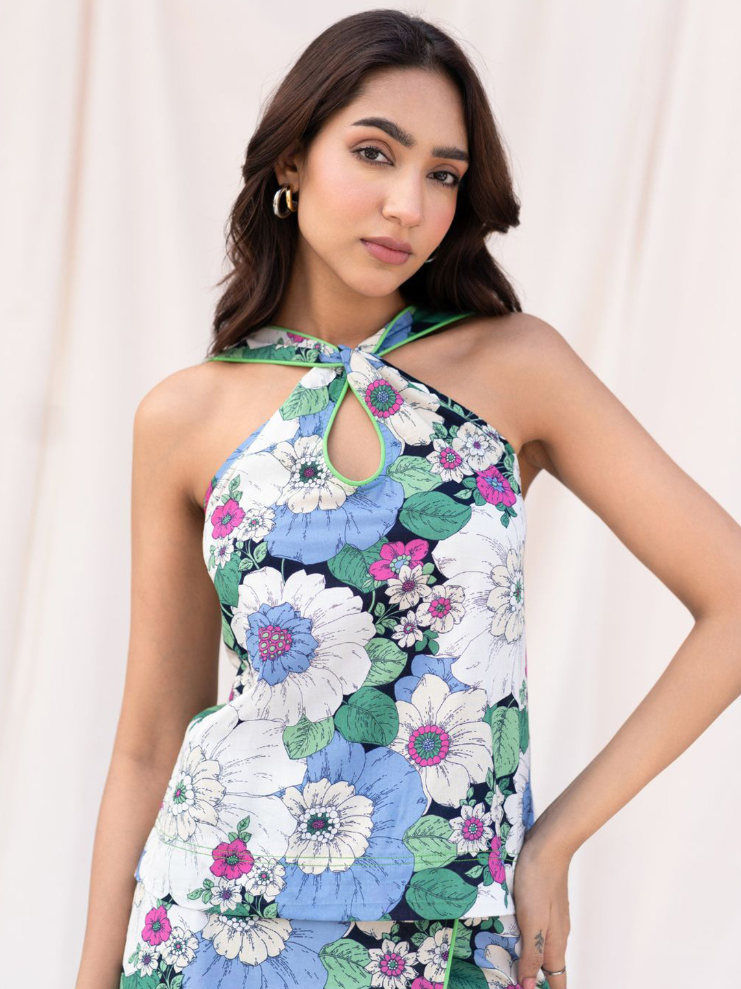 Urban Suburban Floral Print Halter Neck Cotton Blouson Top