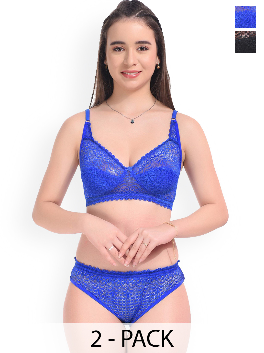DHANDAI FASHION Pack Of 2 Self Design Lingerie Sets Decent Set-Blue Black (M-2-2P)