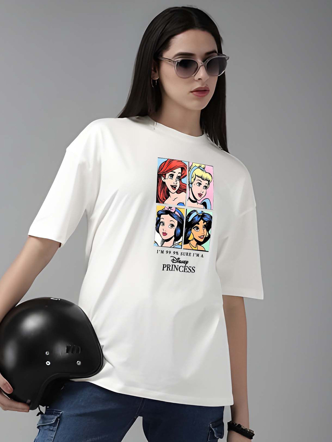KAIDO Humour and Comic Printed Cinderella Round Neck Drop-Shoulder Sleeves Cotton T-shirt