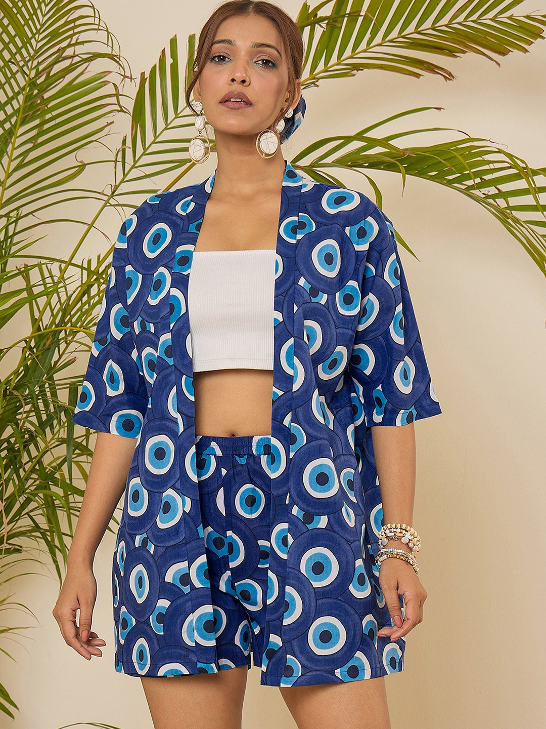 WineRed Evil Eye Printed Kimono Cotton Shrug With Shorts Co-Ords
