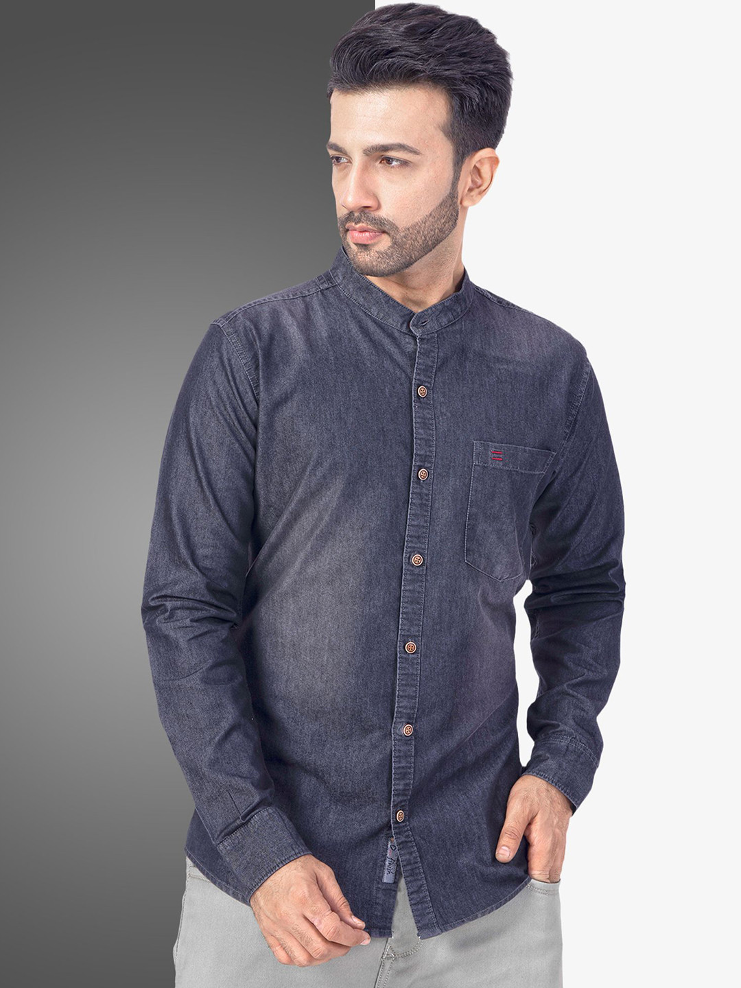D Finish Faded Band Collar Smart Denim Casual Shirt