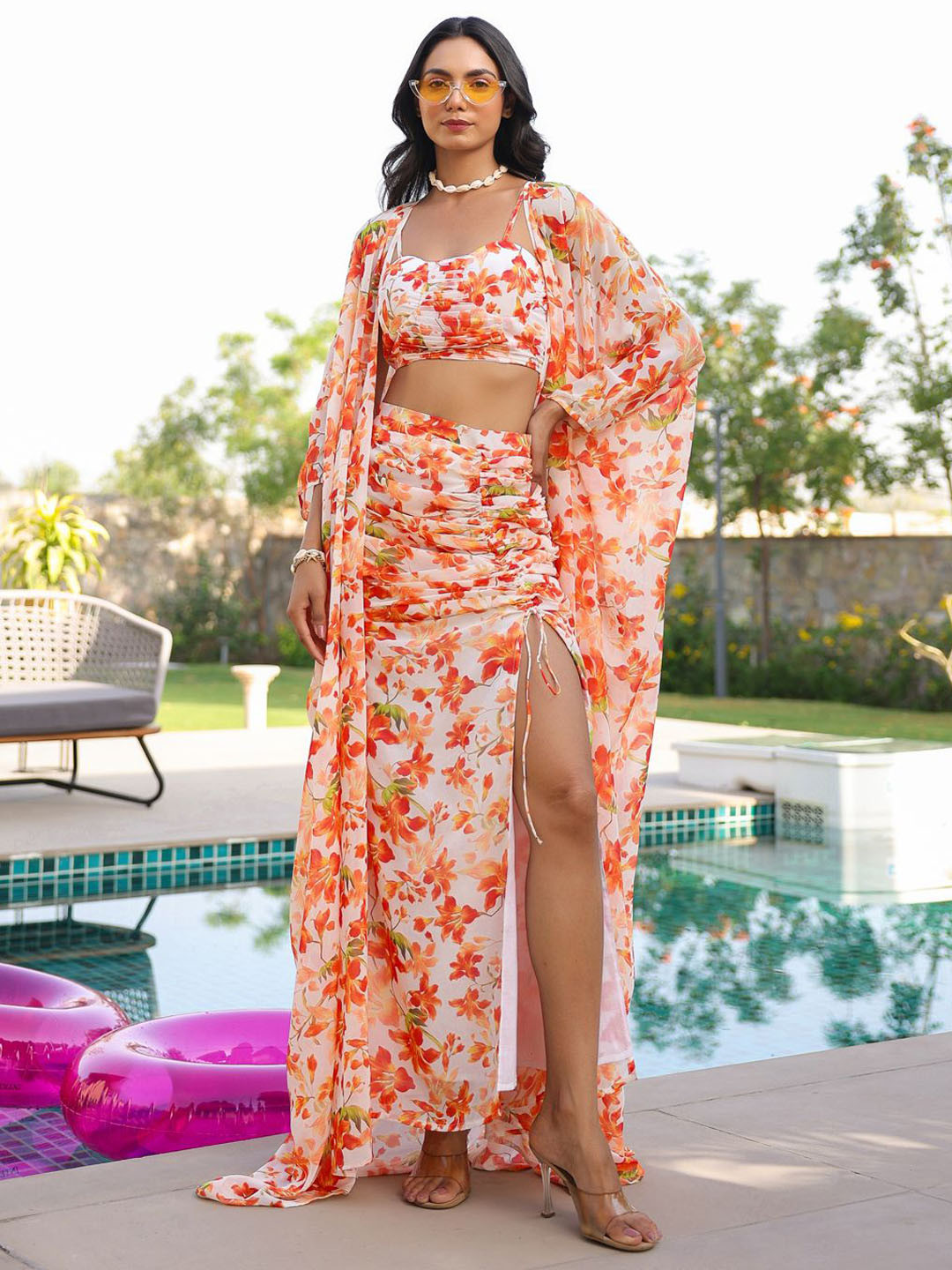 B'Infinite Sunkissed Floral-Printed Shoulder-Strap Cropped-Top With Skirt & Shrug Co-Ords