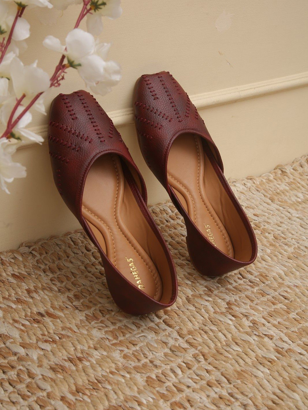 RAHEGAS Women Woven Design Square Toe Mojaris Flats