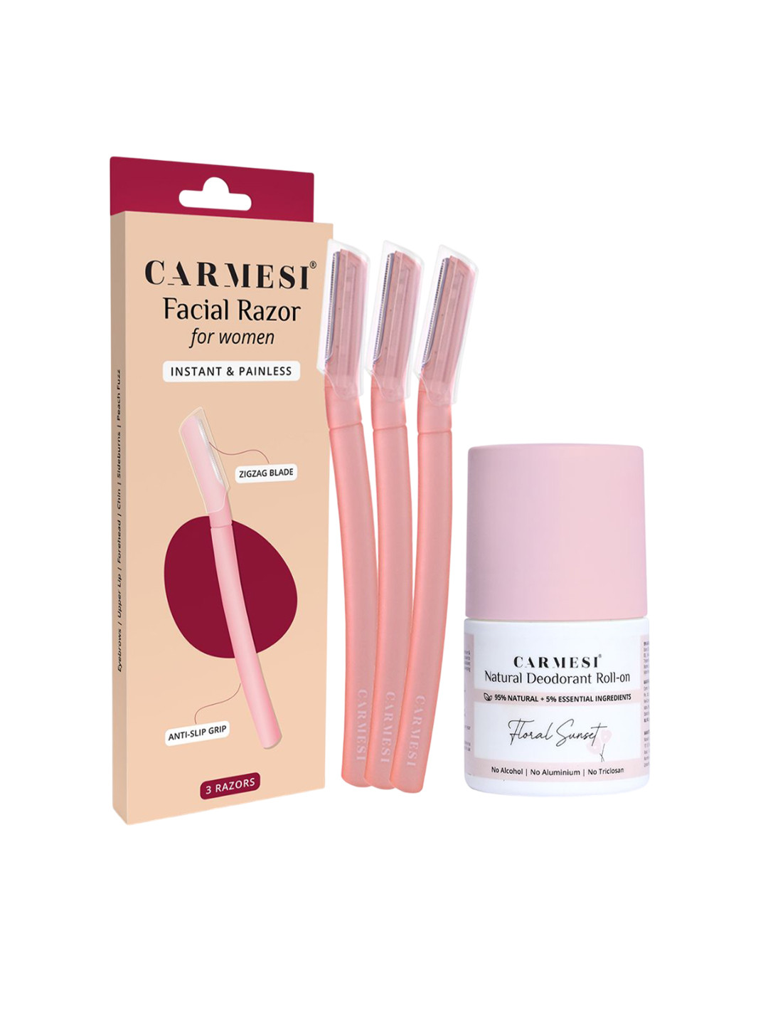 Carmesi Set of 3 Facial Razor with 1 Underarm Roll On Deodorant for Women - Floral Sunset