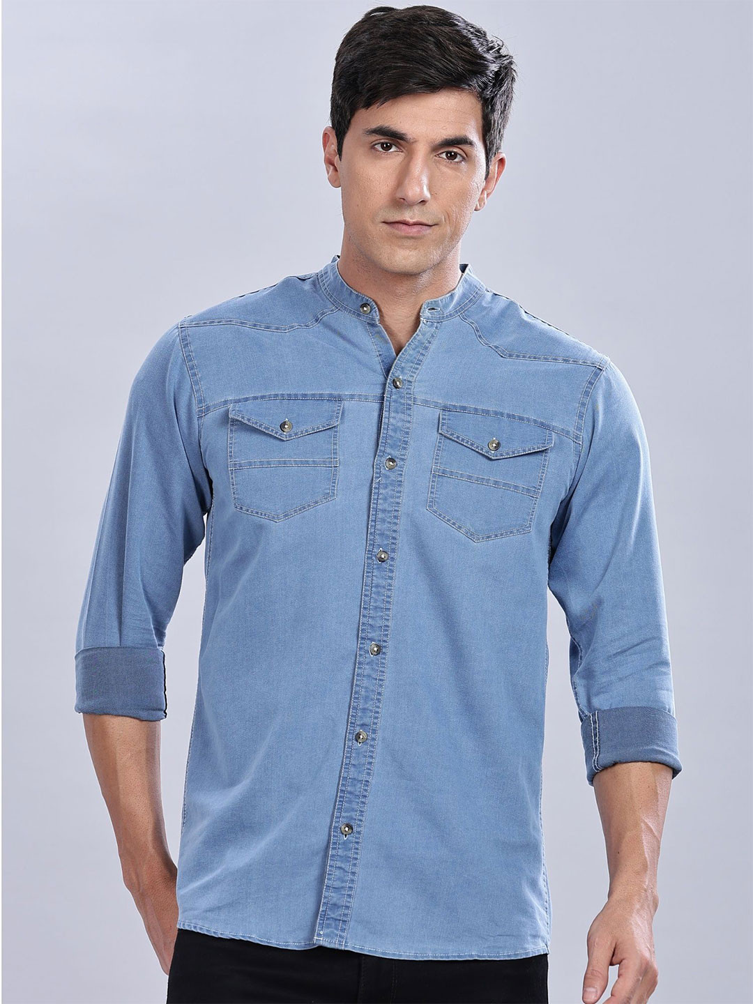 7TH LEGION Mandarin Collar Smart Denim Cotton Casual Shirt
