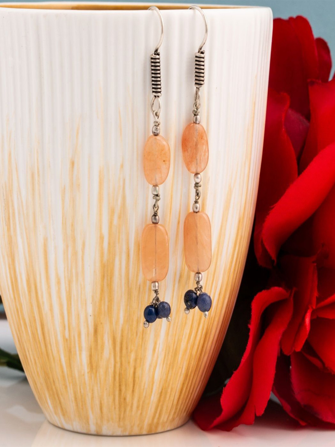 Shrim jewels Brass-Plated Lapis Lazuli Beaded Contemporary Oxidised Drop Earrings