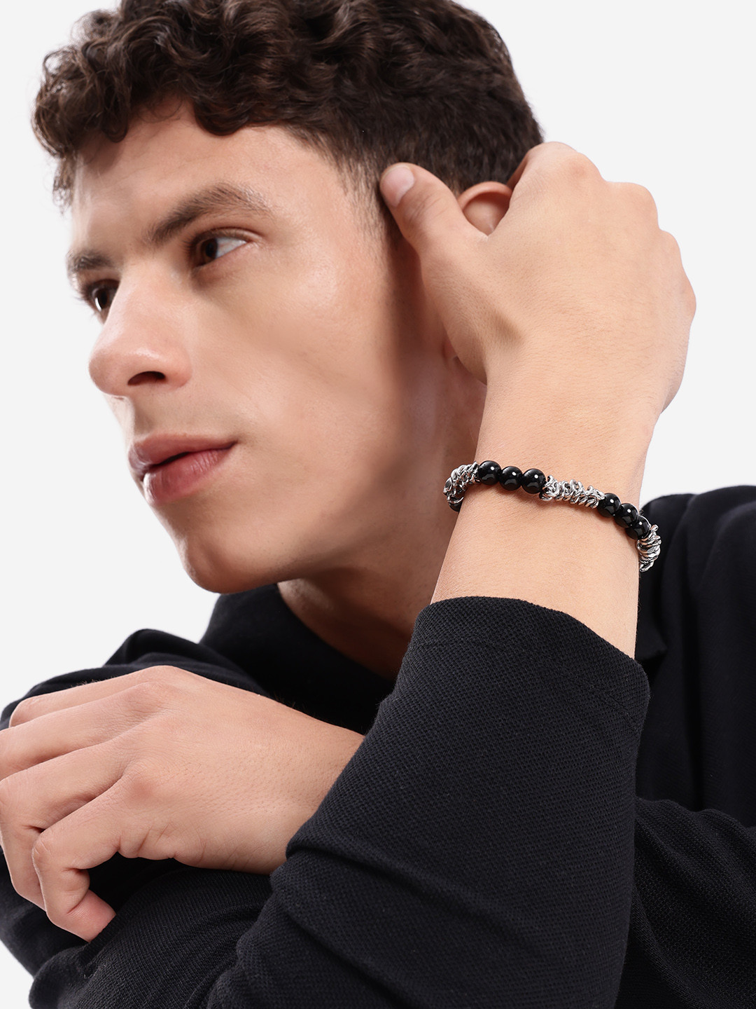 Silver Plate with Black Bead Fancy Bracelet