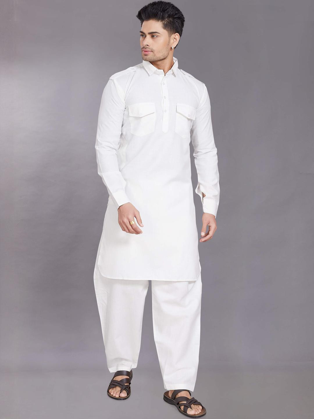 PulseIQ Cream Cotton Blend Solid Kurta Sets