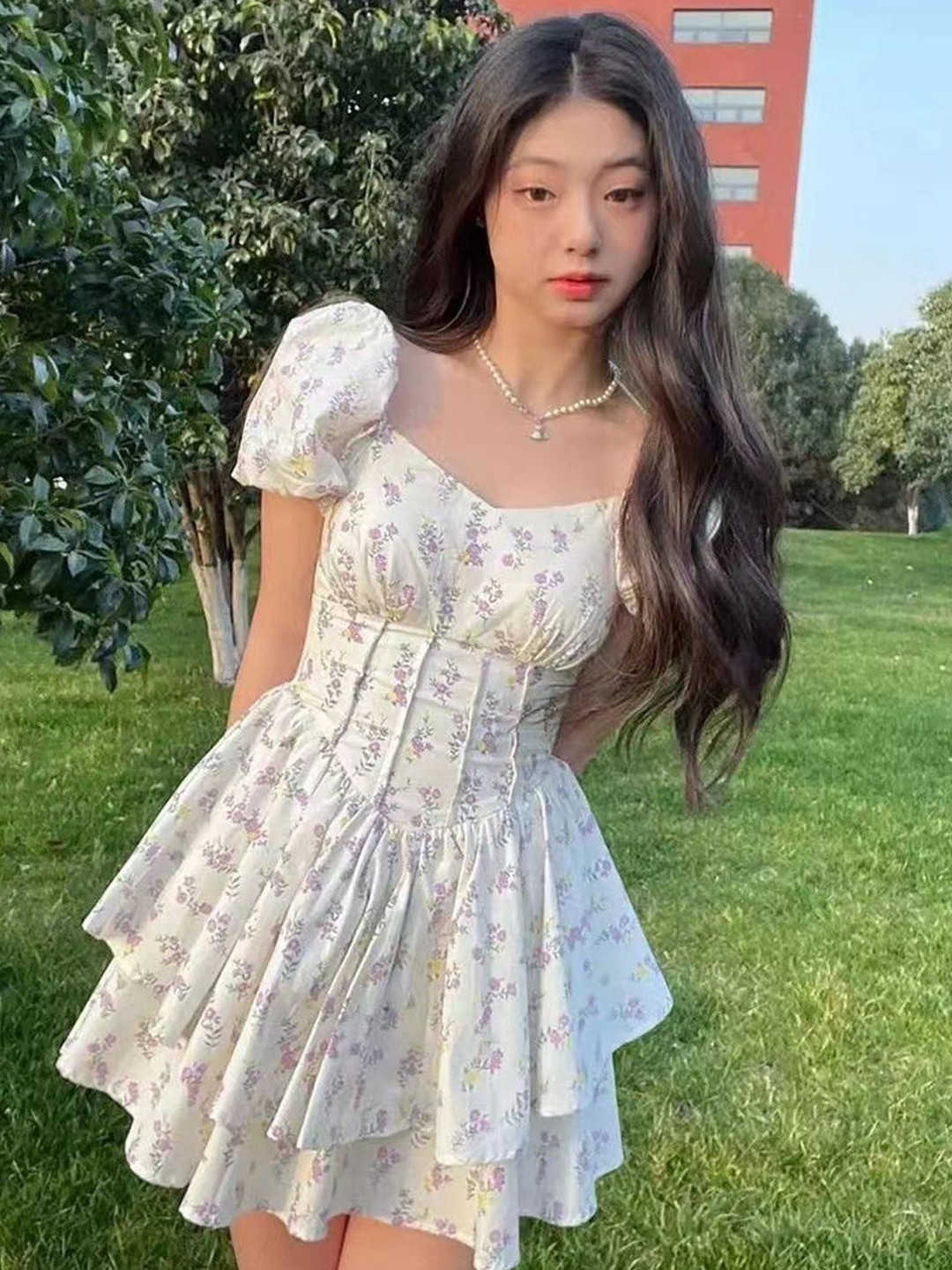 StyleCast Women Floral Printed Puff Sleeve Corset Mini Dress