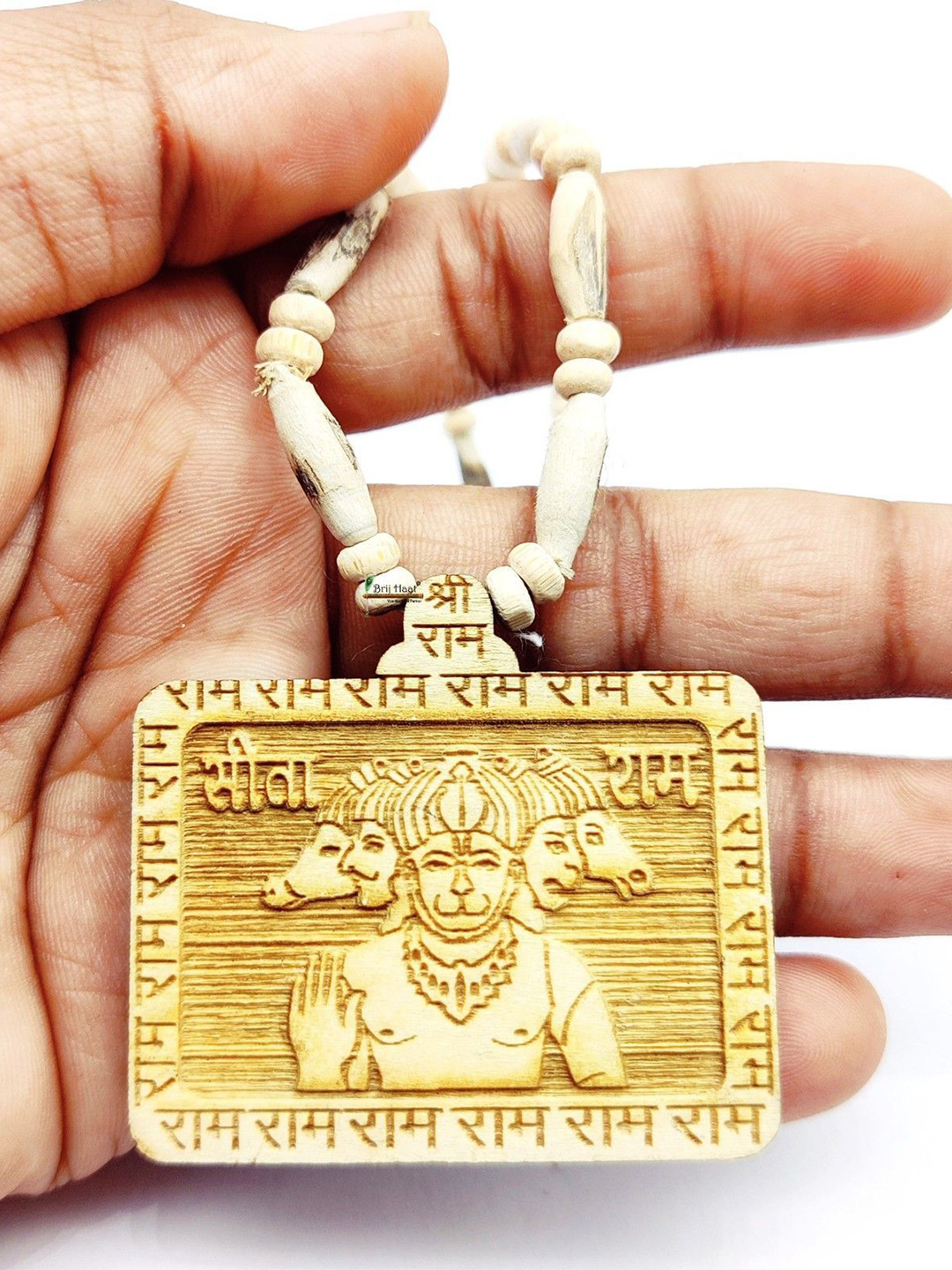 BRIJ HAAT Unisex Wooden Panchmukhi Hanuman ji Pendant With Tulsi Kanthi Mala Necklace