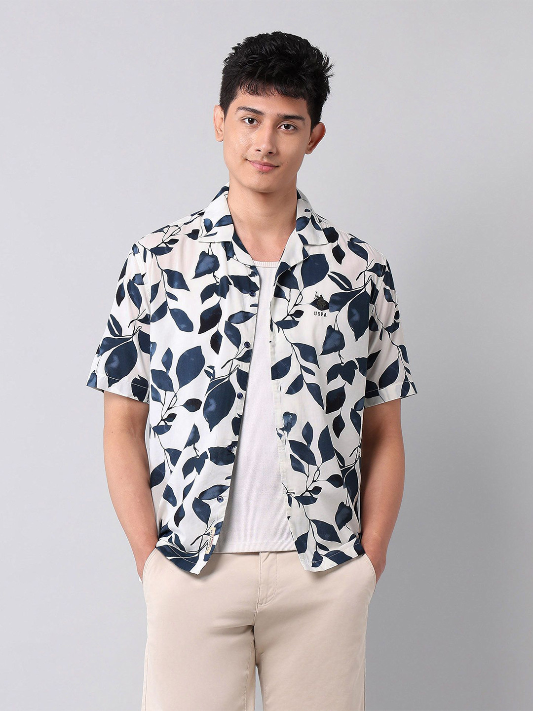 U.S. Polo Assn. Denim Co. Relaxed Fit Floral Printed Cuban Collar Cotton Casual Shirt