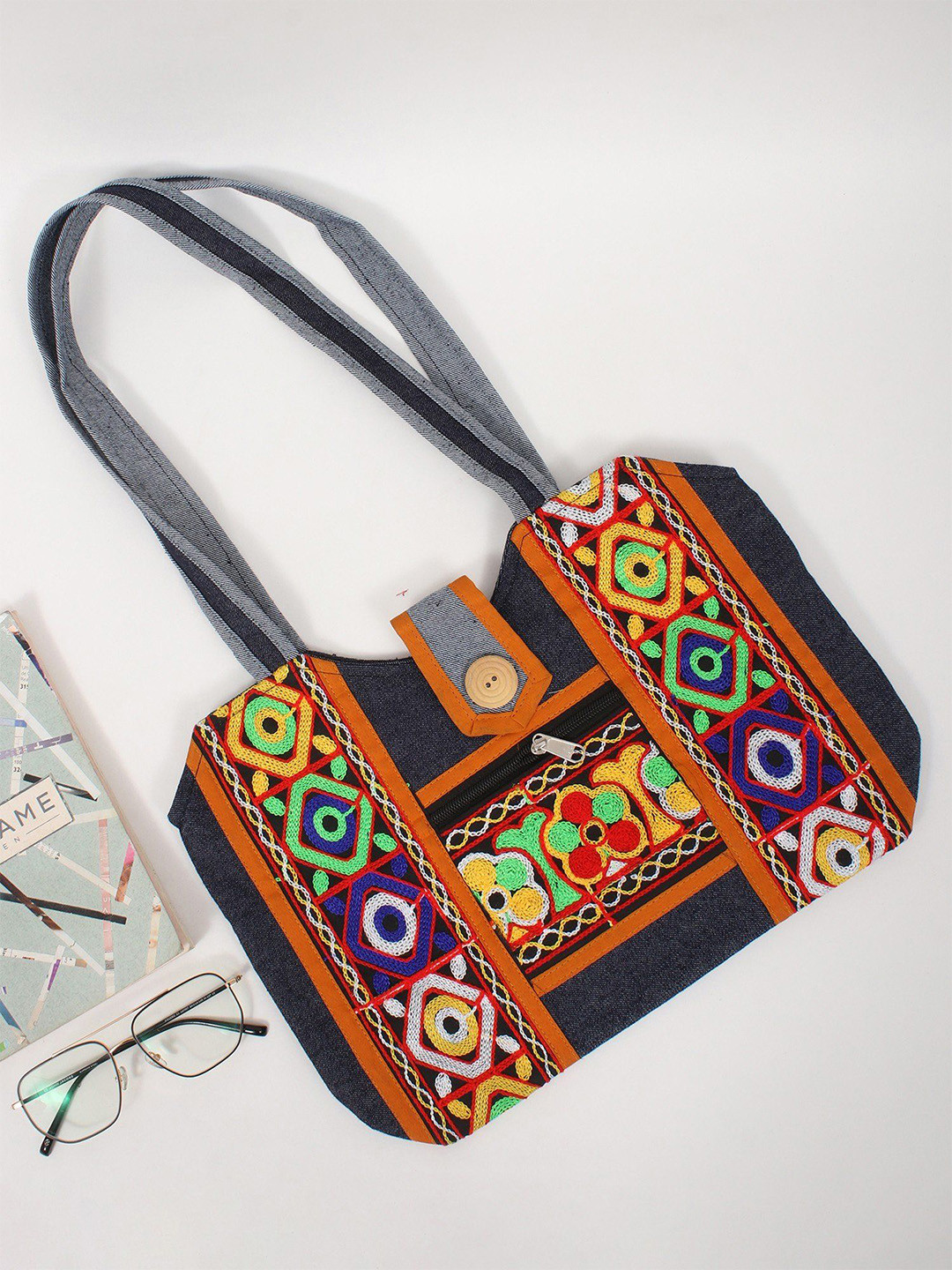 Exotic India Ethnic Motifs Embroidered Patchwork Structured Denim Tote Bag