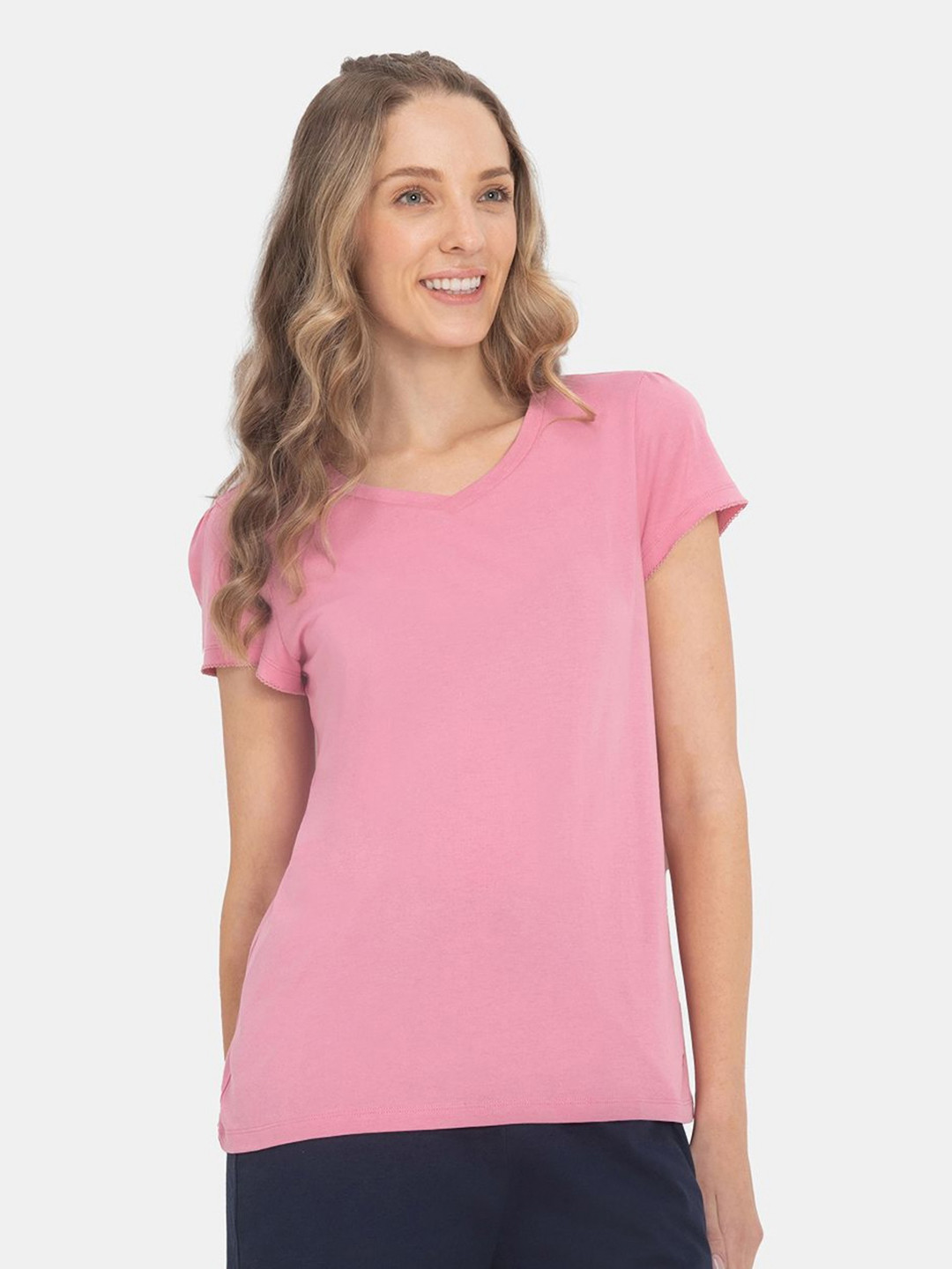 Jockey Micro Modal Cotton Relaxed Fit Solid V Neck Half Sleeve Tshirt - RX12