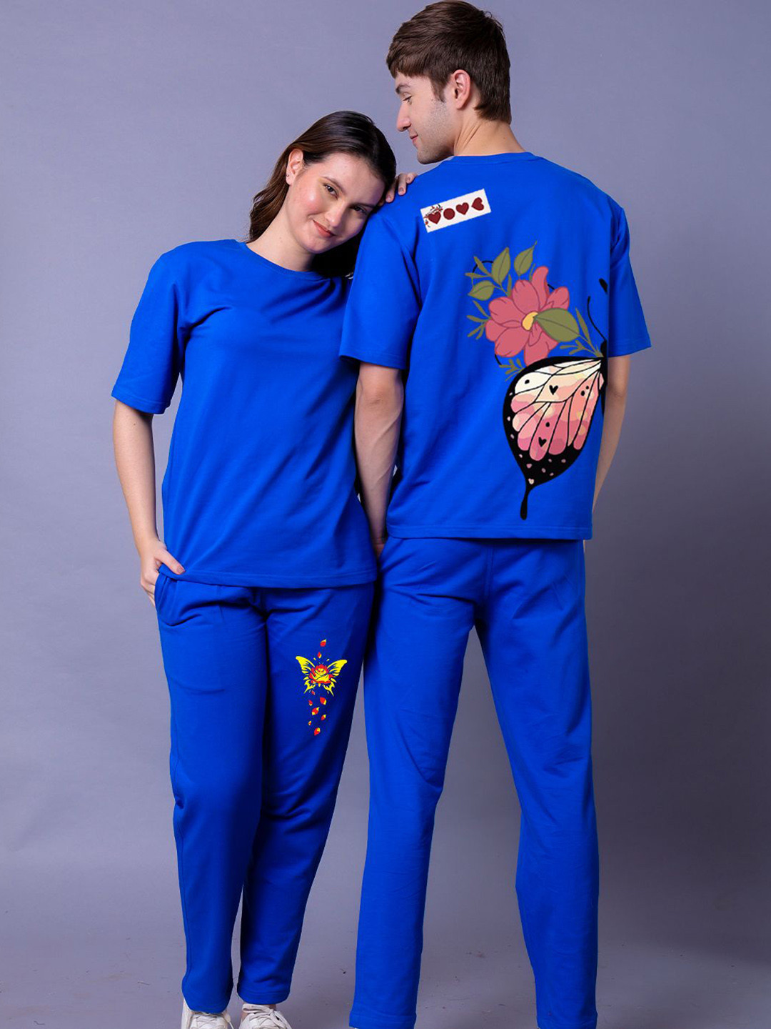 Lazy Lush Pack Of 2 Printed Round Neck T-Shirts With Joggers Couple Co-Ords