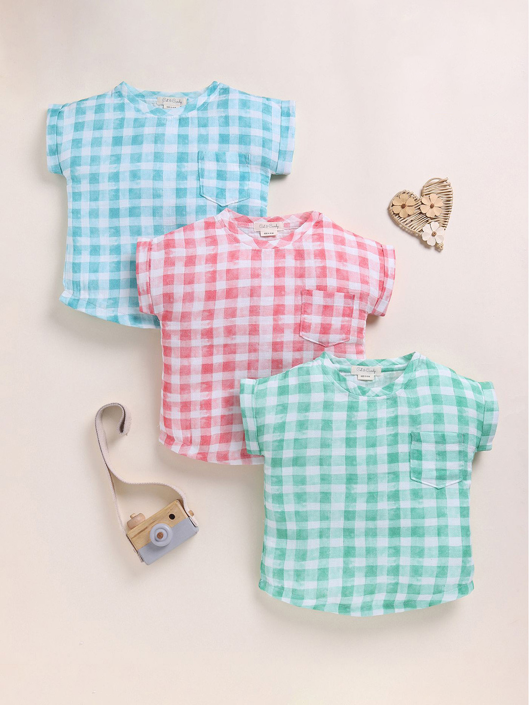 COT & CANDY Pack of 3 Checked Extended Sleeves Regular Organic Cotton Top