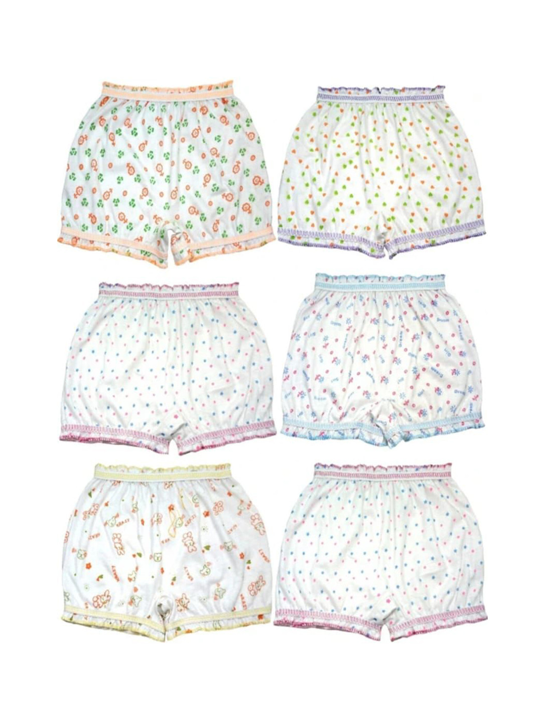 KIDBIRD Infant Girls Pack Of 6 Printed Combed Cotton Boy Shorts Briefs White.Allov-02KID06