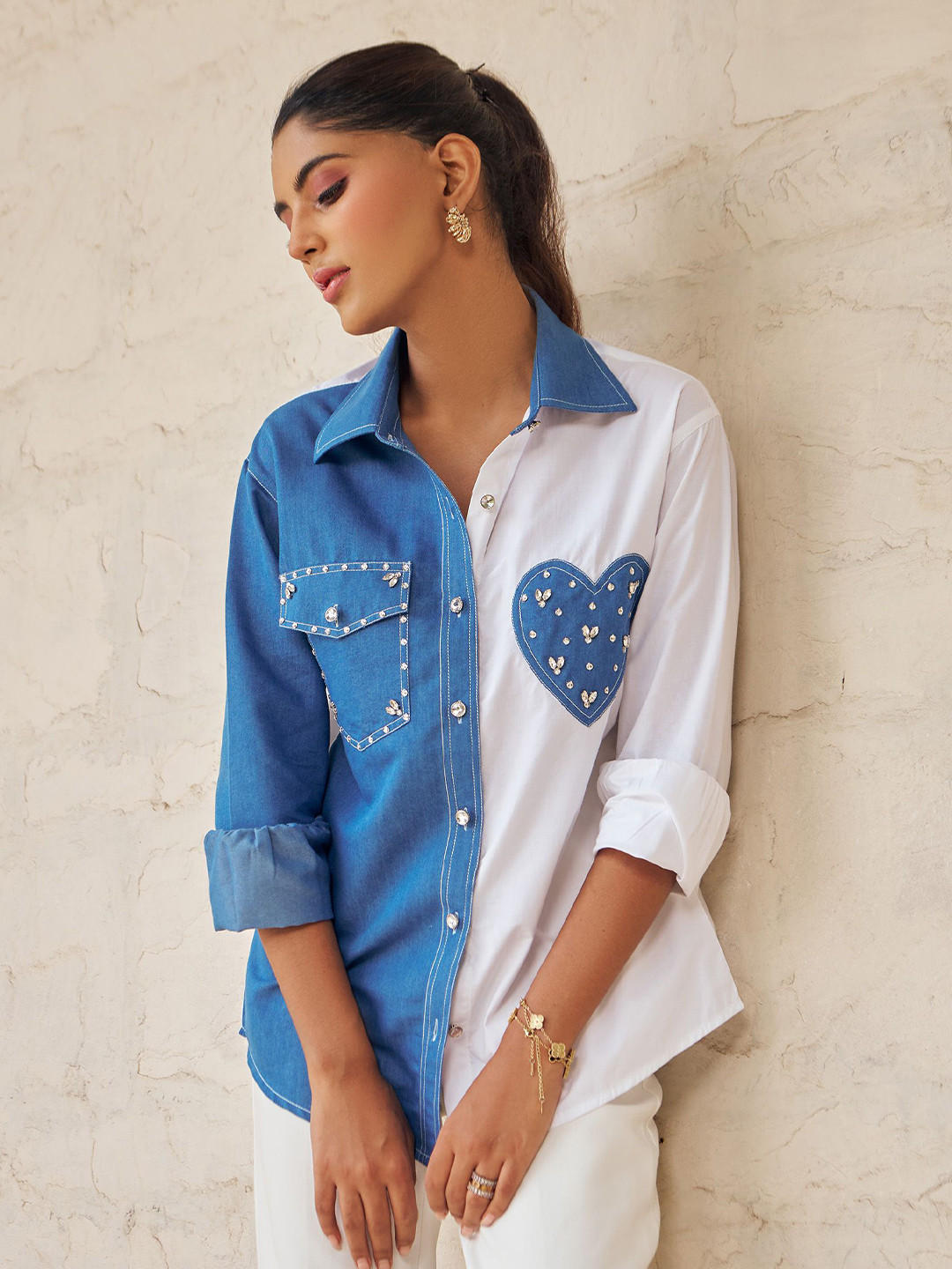 By The Bay Colourblocked Button-Down Collar Premium Pure Cotton Casual Shirt