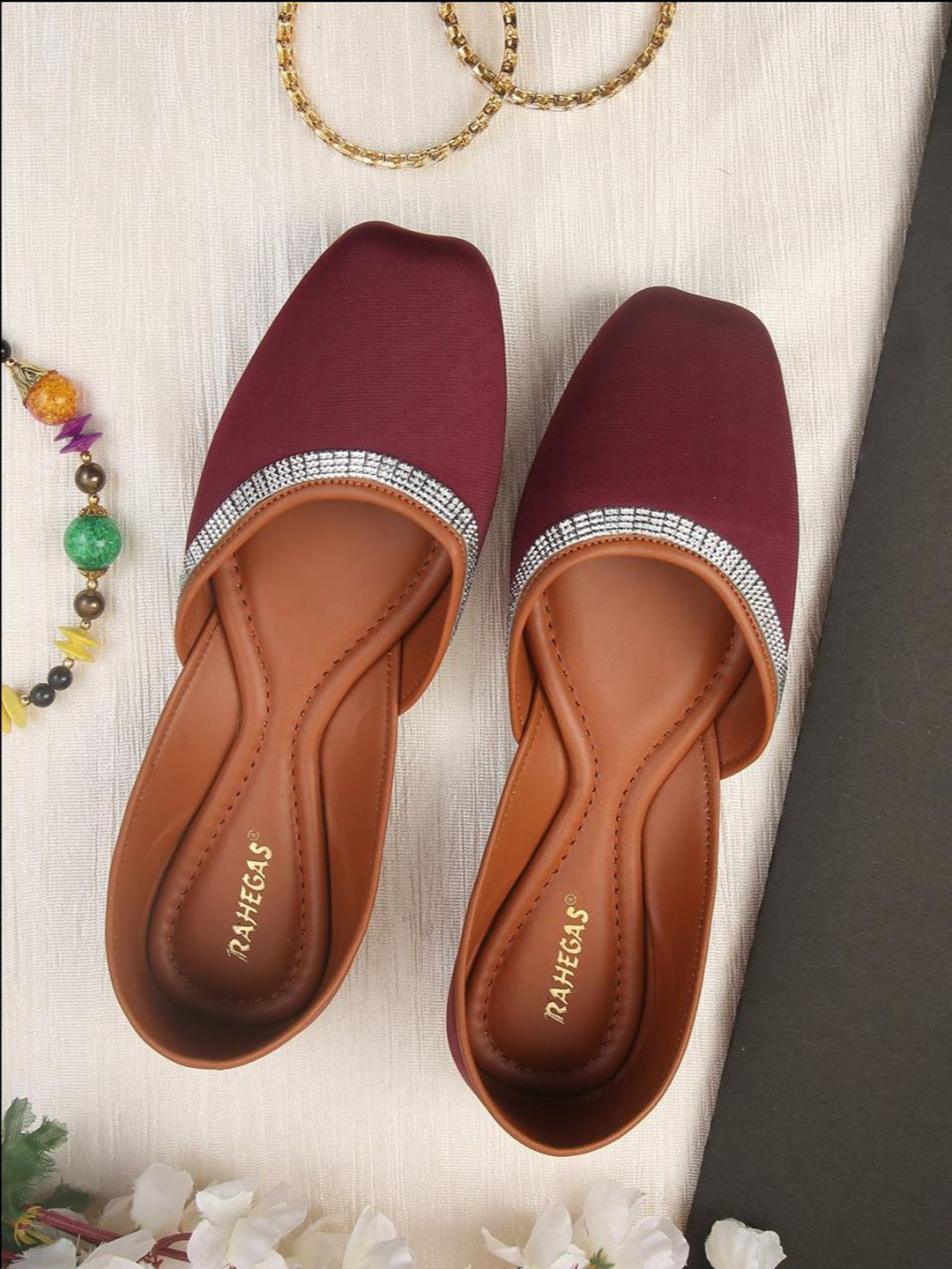 RAHEGAS Women Solid Square Toe Ethnic Embellished Leather Mojaris