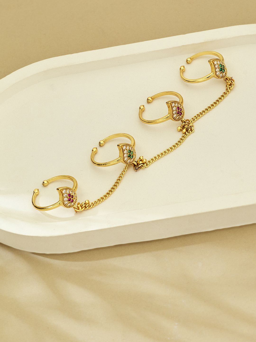 ATIBELLE Set Of 4 Gold-Plating Stone Studded Fusion Ring