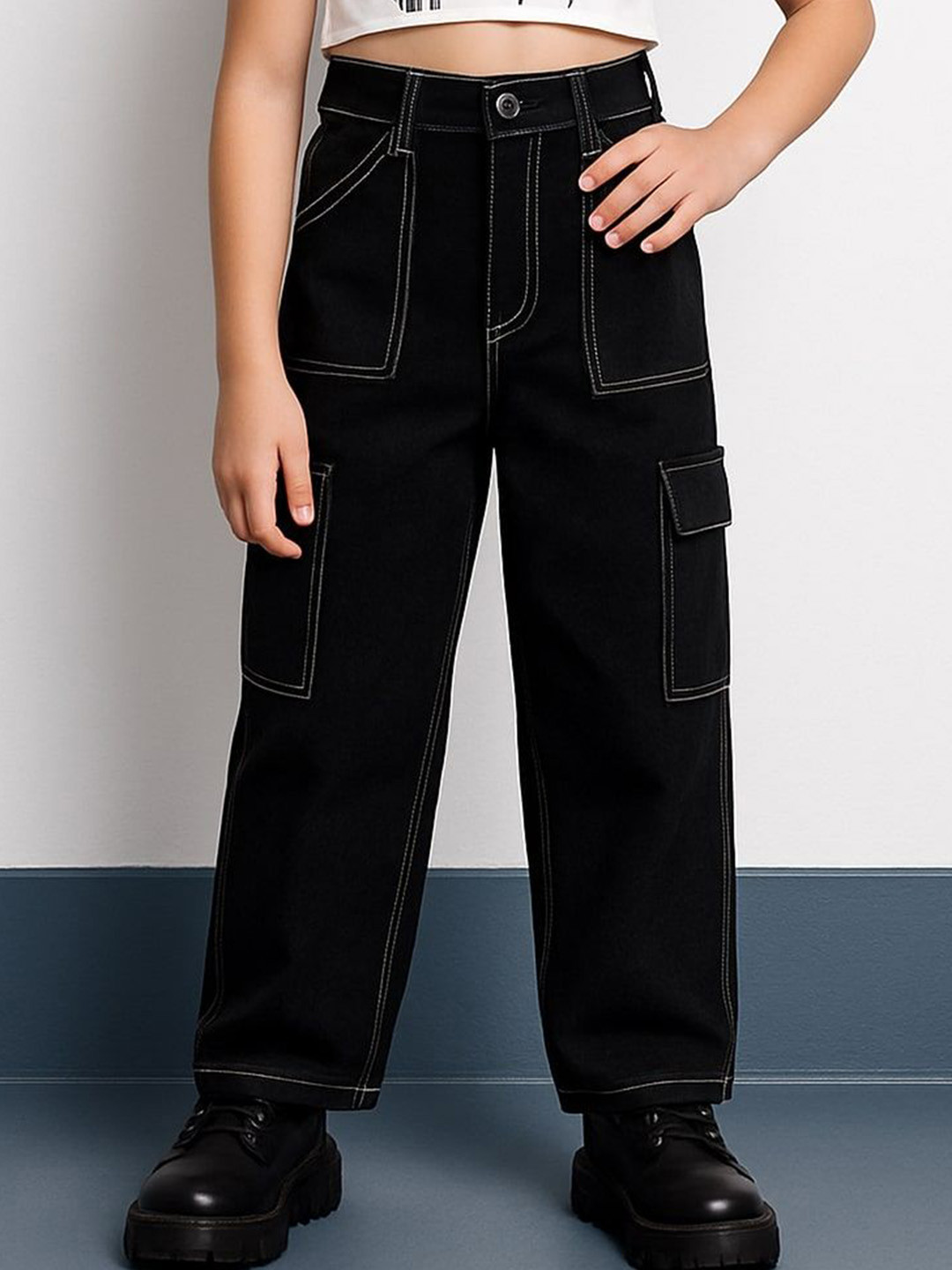 Seetoo Boys Solid Baggy Fit Mid-Rise Denim Cargo Jeans