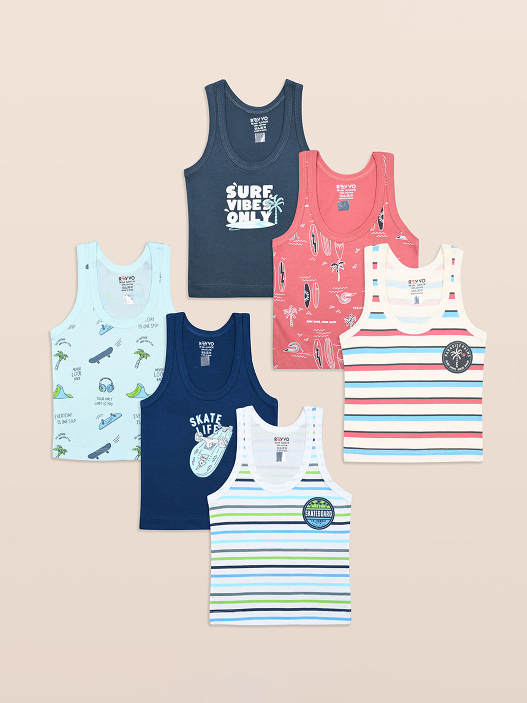 Revvo Junior Boys Pack Of 6 Pure Cotton Self Designed  Basic Vests RJV-115