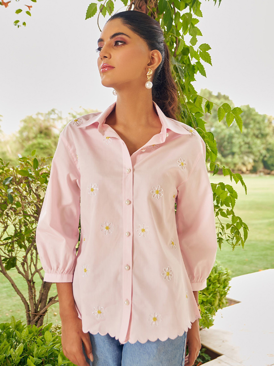 By The Bay Floral Embroidered Button-Down Collar Premium Pure Cotton Casual Shirt