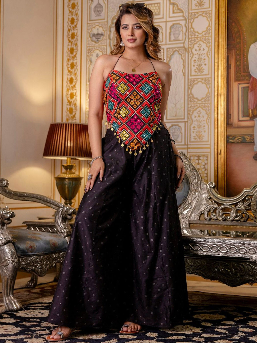 Fusionic Tribal Mirror Work Halter Neck Top With palazzos Co-Ords