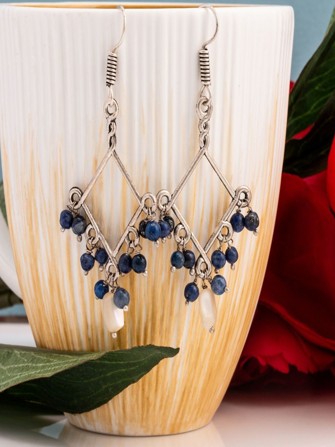 Shrim jewels Brass-Plated Mother of Pearls Beaded Diamond Shaped Oxidised Drop Earrings