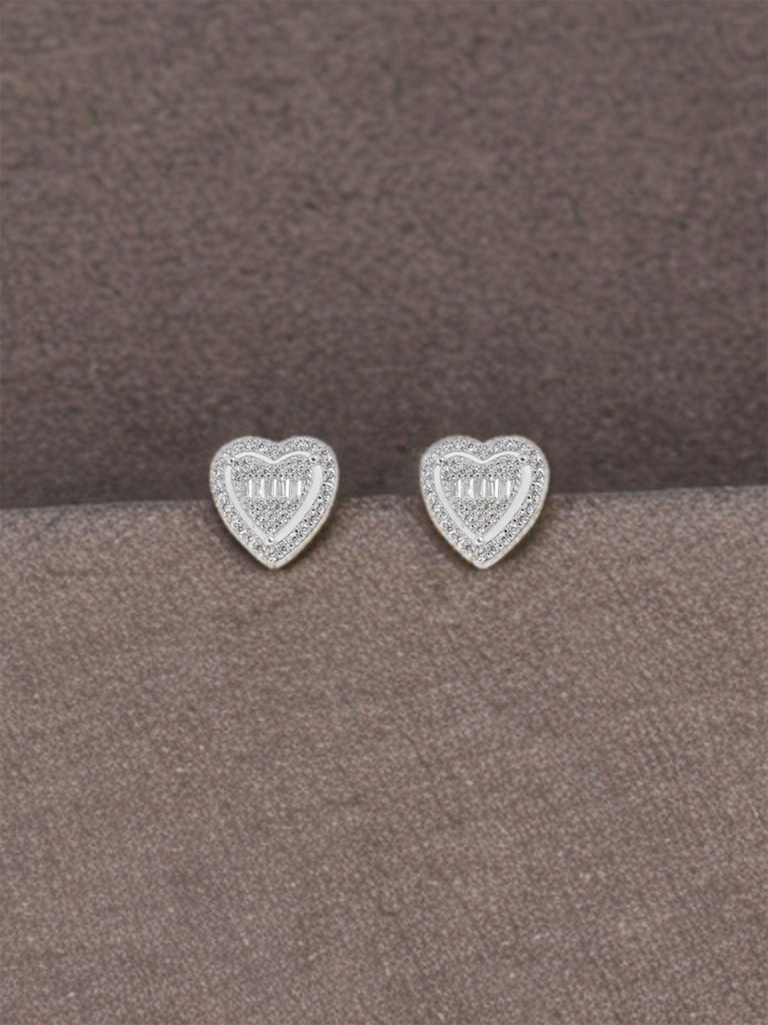 Tora 925 Sterling Silver Rhodium-Plated Cubic Zirconia Studded Heart Shaped Studs