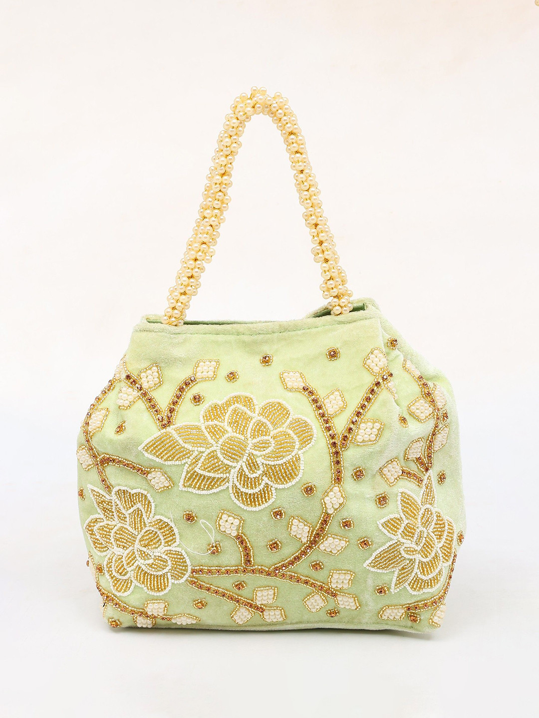 Exotic India Floral Crystals Embroidery Shopper Velvet Handheld Bag
