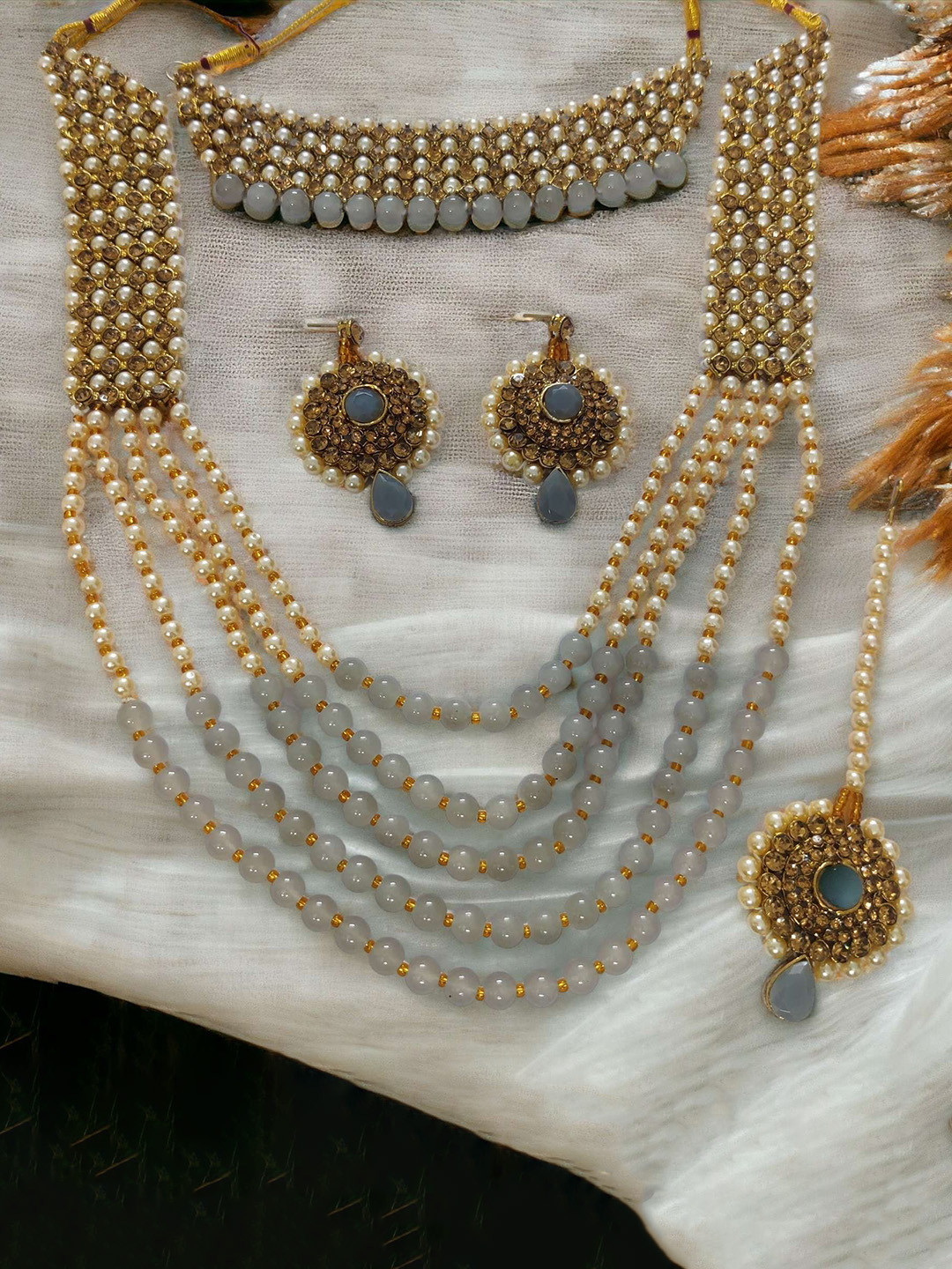 Opal Touch 2-Pc Gold-Plated Cubic Zirconia Stones-Studded & Beaded Jewellery Set