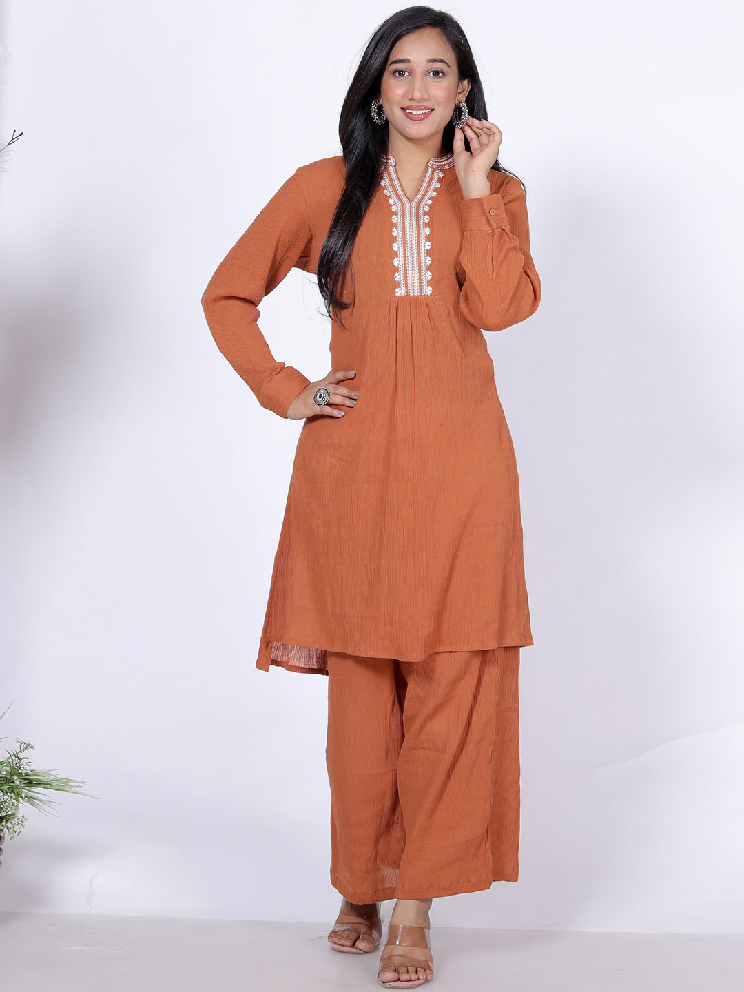 SAKURA Embroidered V-Neck Tunic With Palazzos Co-Ords