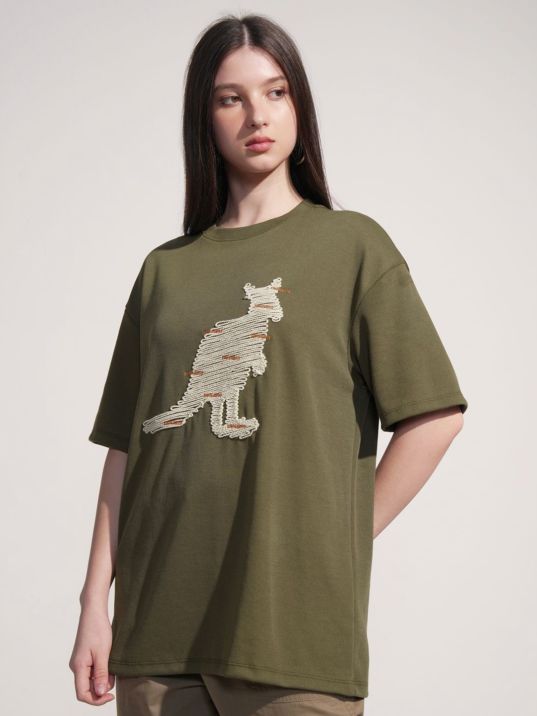 Street By Tokyo Talkies Self Design Embroidered Drop-Shoulder Sleeves Oversized T-shirt